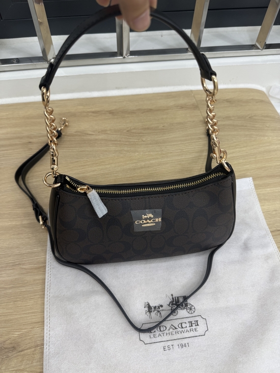 Coach Handbags - Coach Signature Brown Canvas Shoulder Bag with Gold Hardware